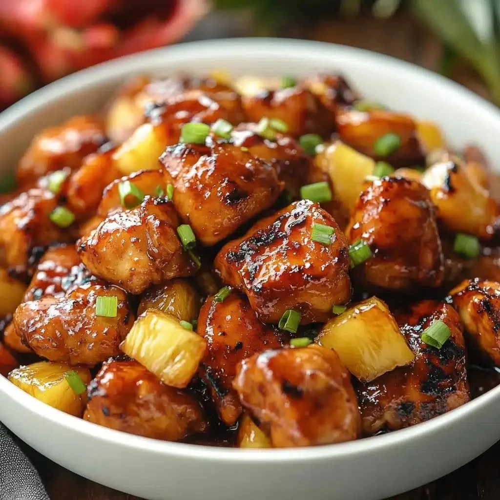 Delicious brown sugar pineapple chicken served with colorful veggies and rice