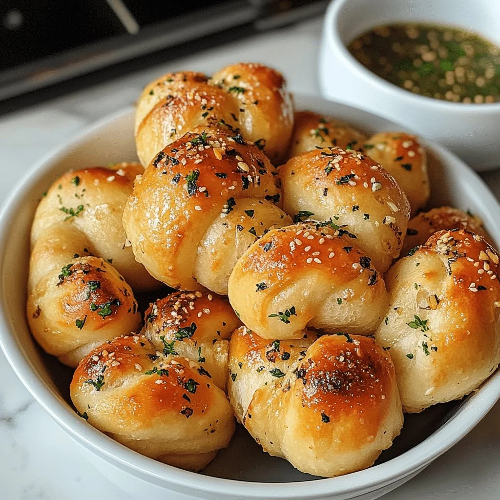 Plate of golden Air Fryer Garlic Knots with herbs and melted butter