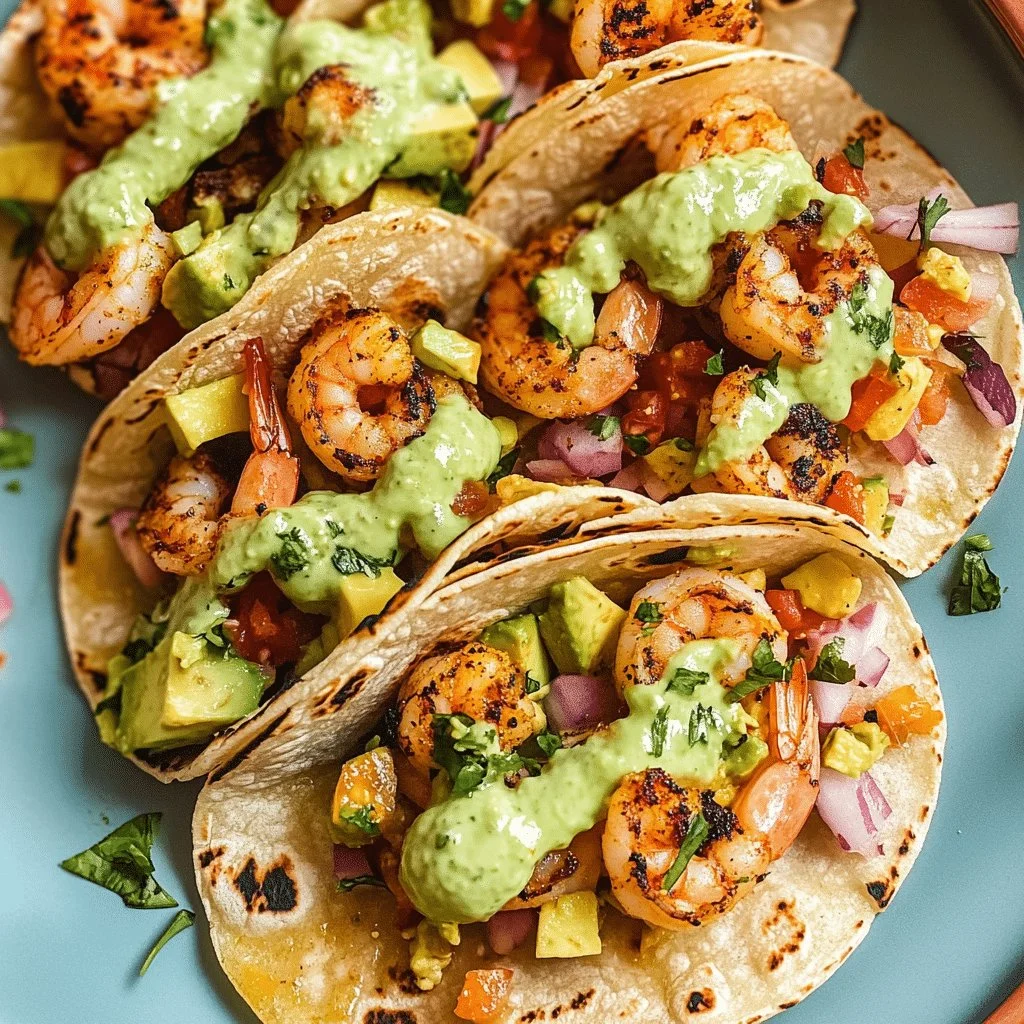 Air fryer shrimp tacos topped with fresh avocado crema