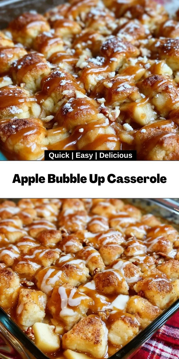 Delicious Apple Bubble Up Casserole topped with cinnamon and whipped cream