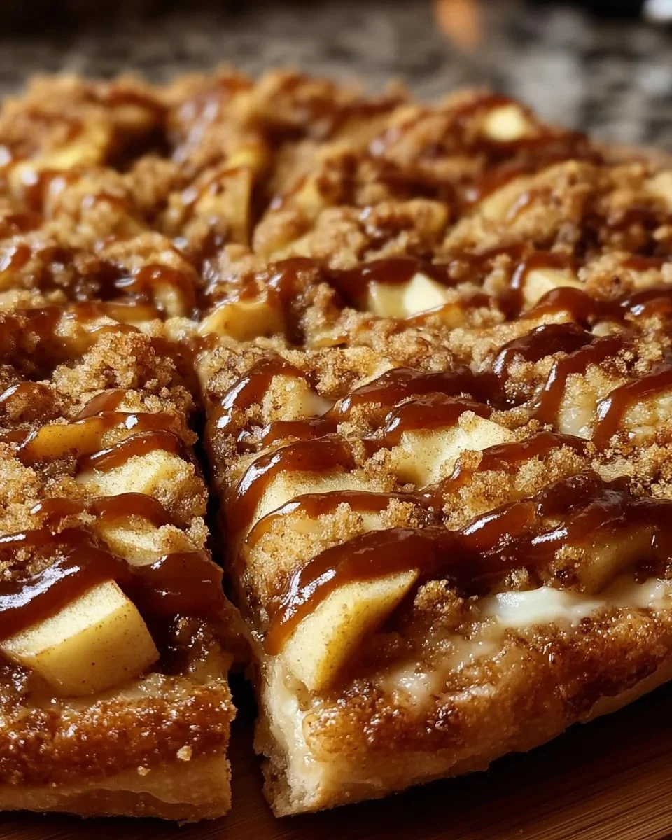 Delicious slice of Apple Crisp Pizza dessert topped with apples and crumble