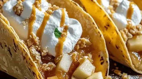Delicious apple pie tacos topped with cinnamon and whipped cream on a wooden table.