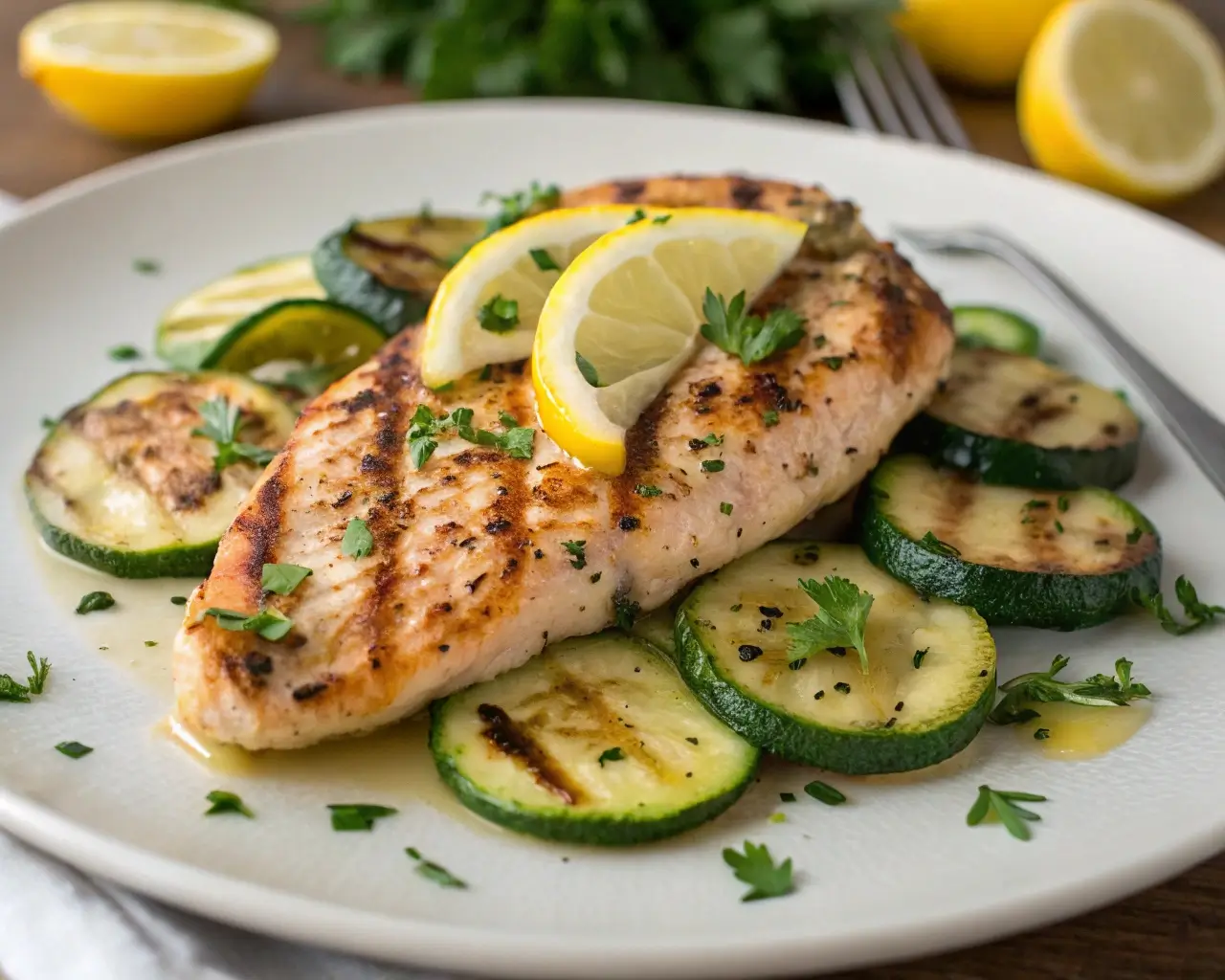 Asado Chicken with Lemon Zucchini served on a white plate