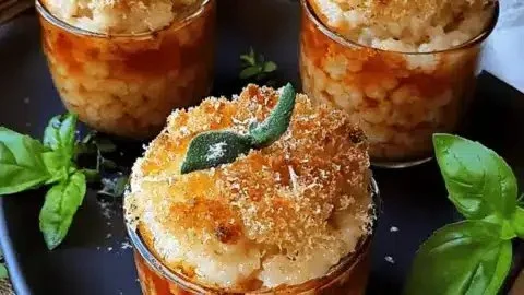 Baked arancini risotto cups served on a plate garnished with herbs.