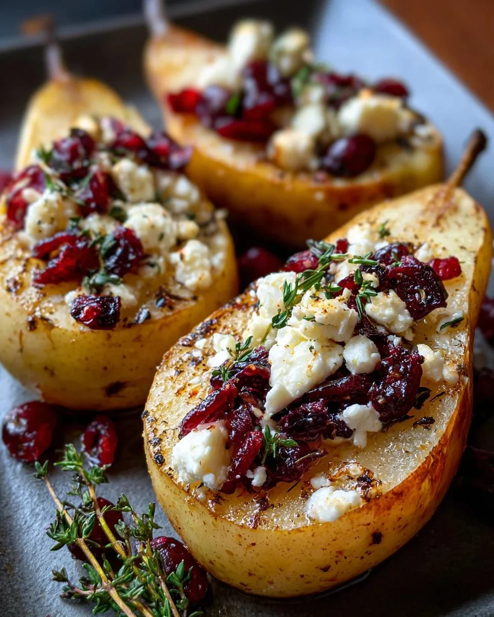 Baked pears topped with feta cheese, honey, and cranberries on a plate