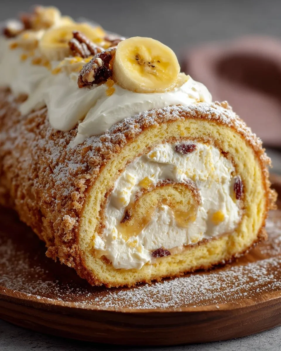 Delicious banana cake cream cheese roll slice on a plate