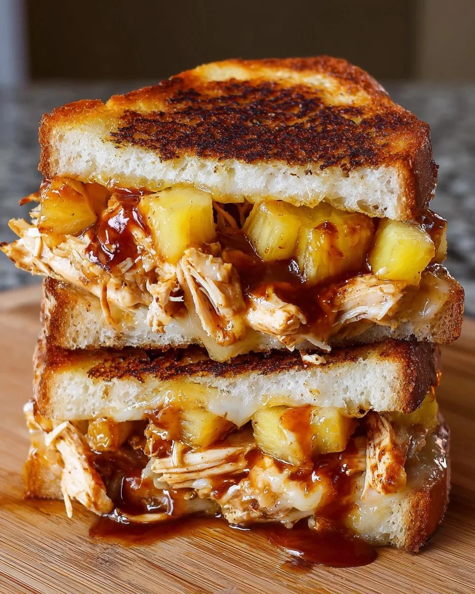 BBQ Chicken Pineapple Grilled Cheese sandwich with melted cheese and grilled chicken