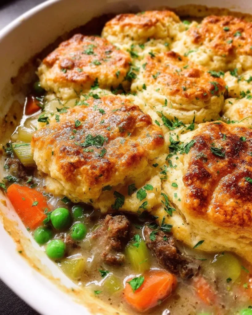 Beef pot pie topped with herbed biscuits, served in a rustic dish.