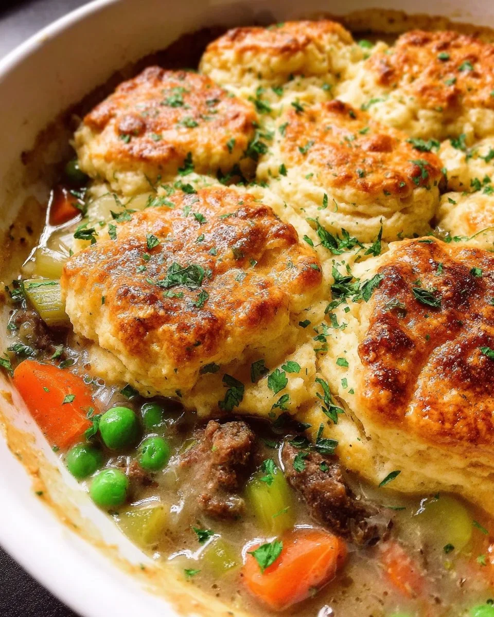 Beef pot pie topped with herbed biscuits, served in a rustic dish.