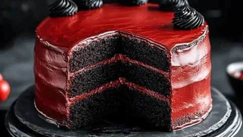 Slice of black velvet cake with fiery red icing on a decorative plate