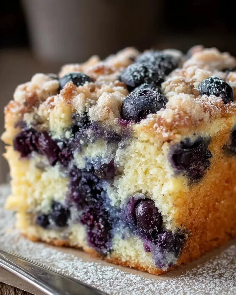 Delicious homemade blueberry breakfast cake garnished with fresh blueberries