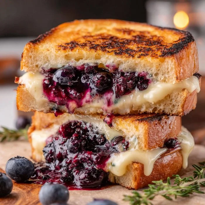 Delicious Blueberry Brie Grilled Cheese sandwich with melted cheese and berries