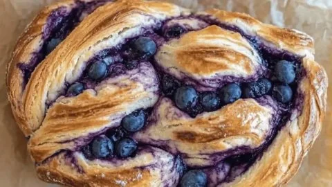 Sliced Blueberry Cream Cheese Babka on a wooden board