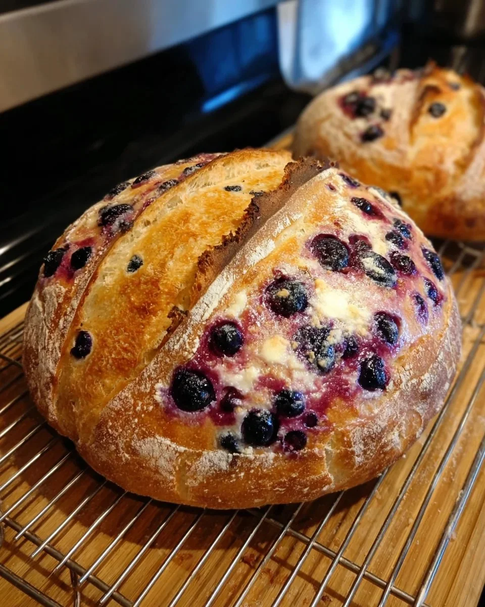 Blueberry Lemon Cream Cheese Sourdough Bread fresh out of the oven