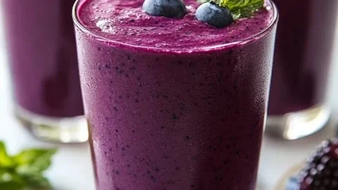 Delicious blueberry smoothie in a glass with fresh blueberries on top