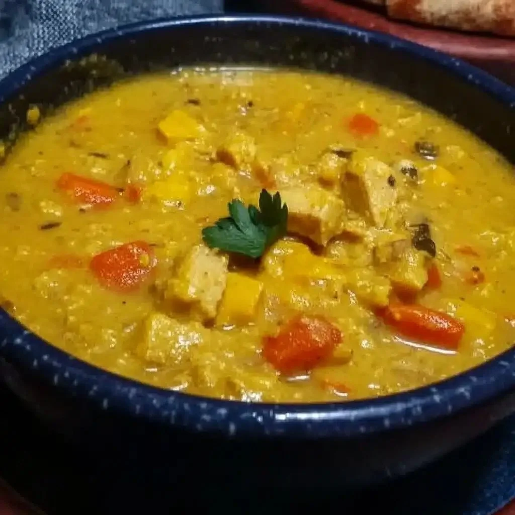 Bowl of hearty mulligatawny soup garnished with fresh herbs