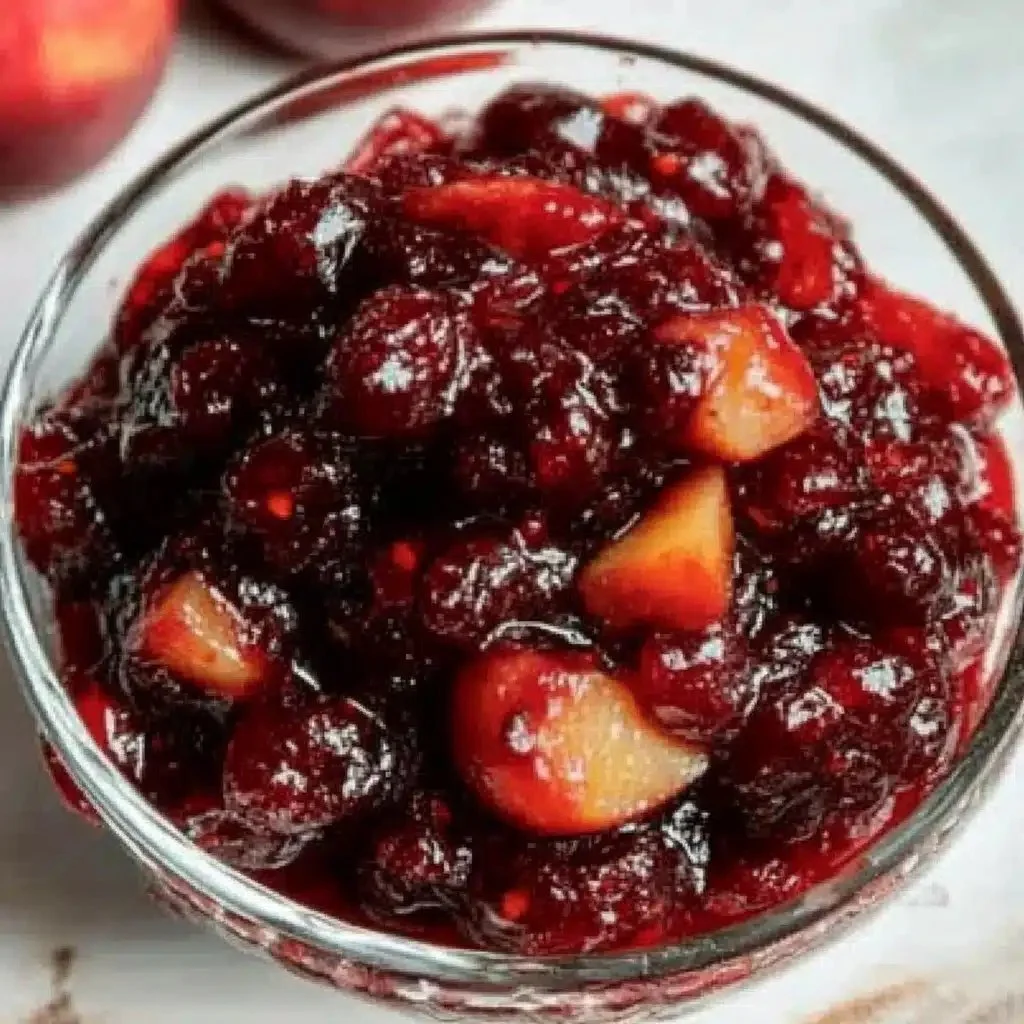 Homemade cranberry apple chutney in a decorative bowl for holiday dining.