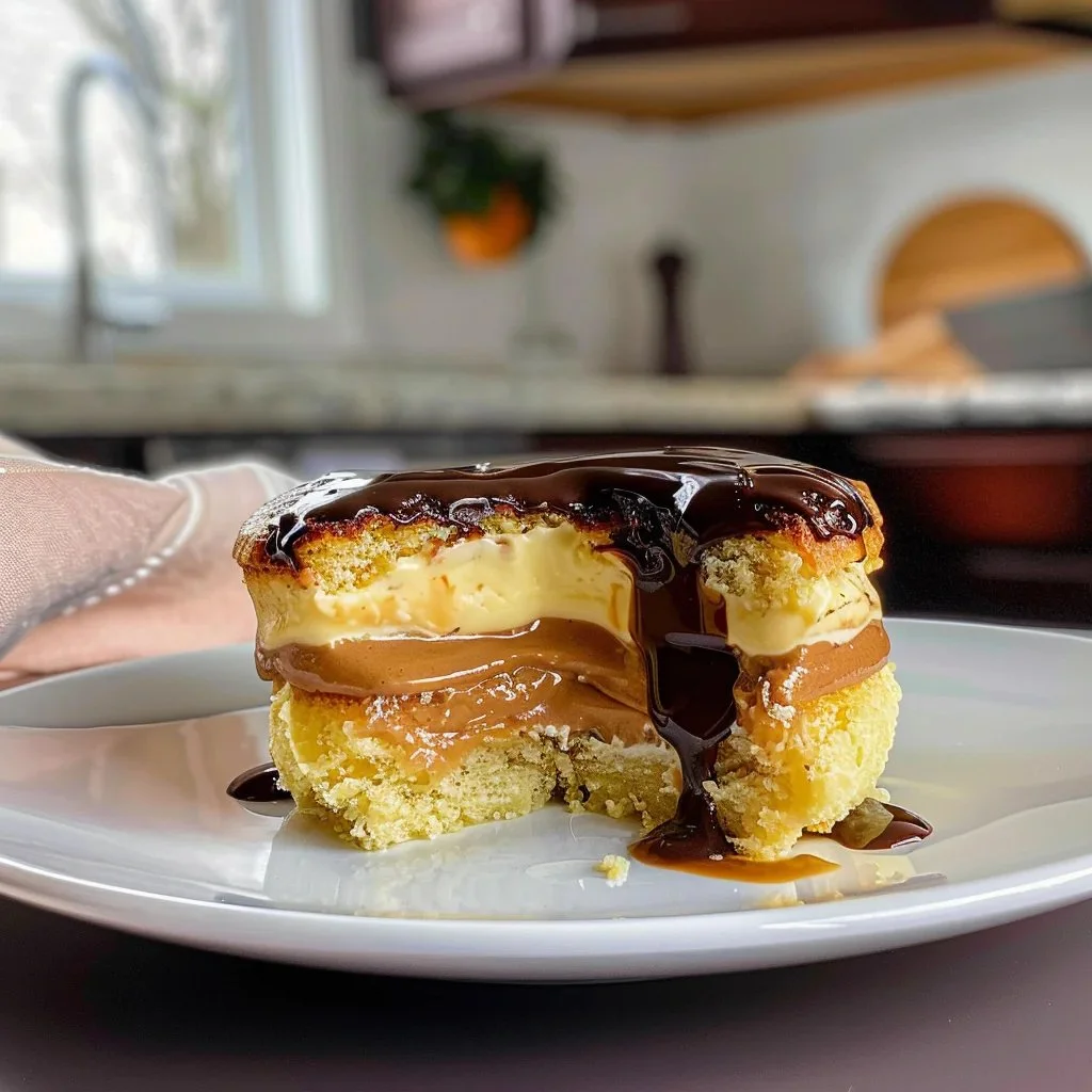 Delicious slice of Boston Cream Pie with chocolate ganache and custard filling.