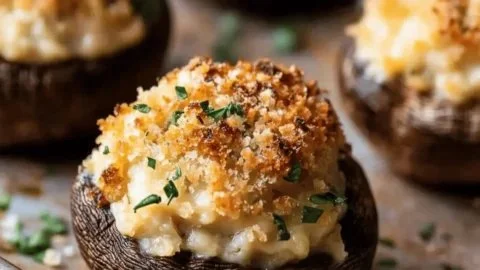 Delicious Boursin stuffed mushrooms topped with herbs and spices