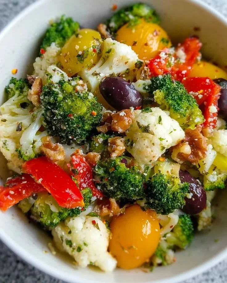 Delicious Broccoli Cauliflower Salad with colorful vegetables and dressing
