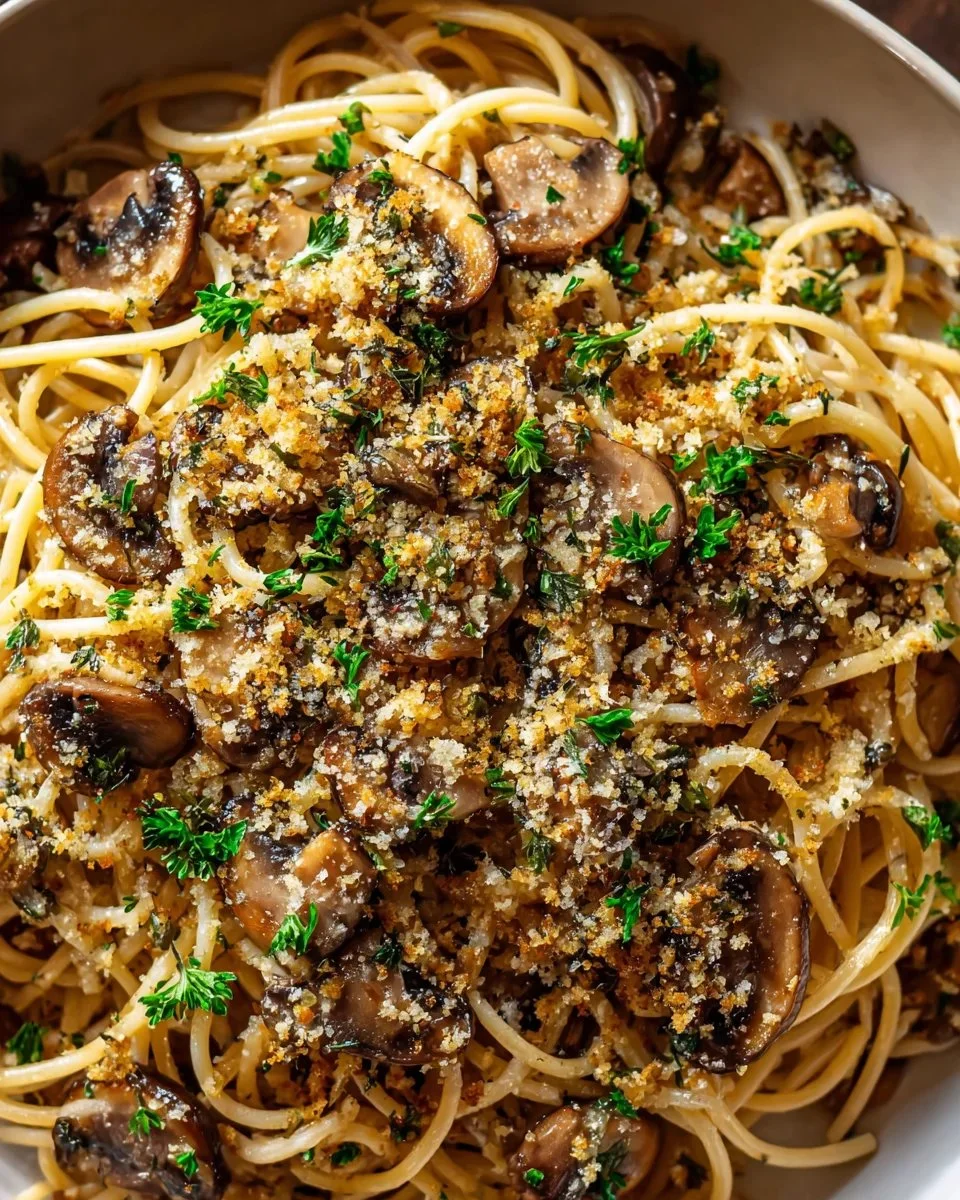 Delicious brown butter mushroom pasta served in a white bowl with fresh herbs.