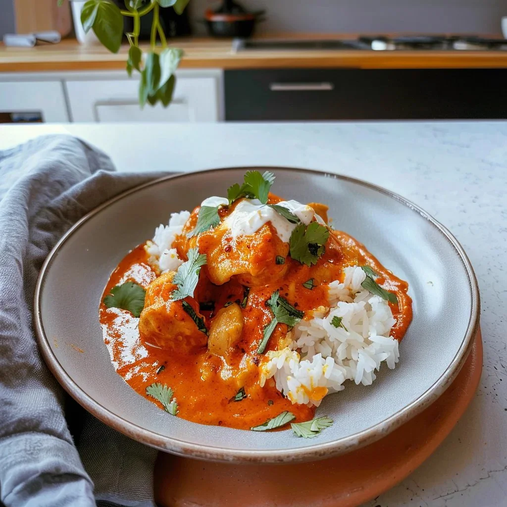 Delicious butter chicken curry served with naan and rice