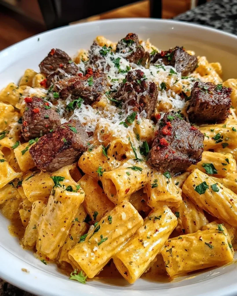 Delicious Cajun Steak Rigatoni topped with creamy parmesan cheese.