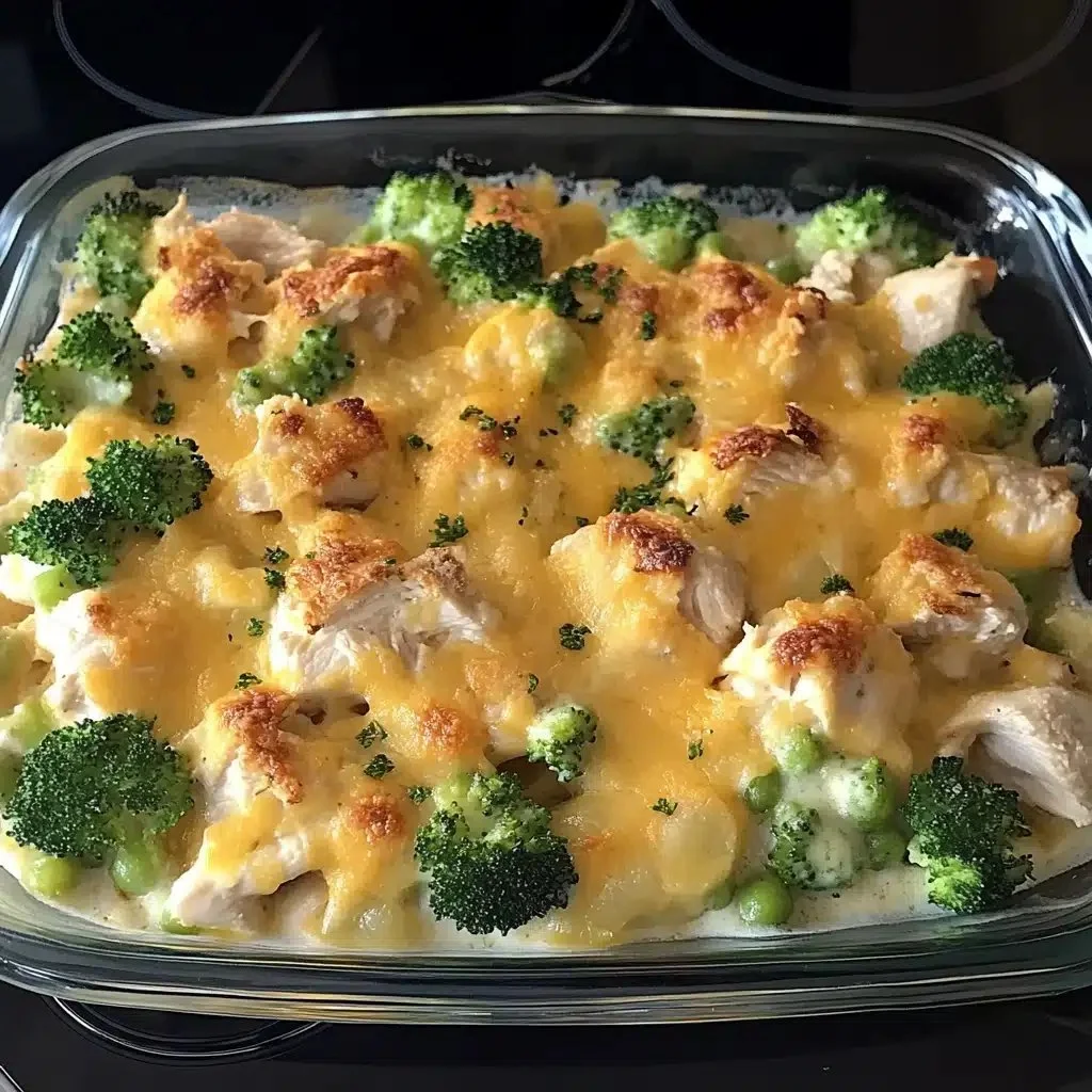 Delicious Chicken Divan made with Campbell Soup, topped with cheese and broccoli.