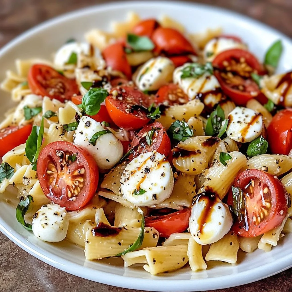 Delicious Caprese Pasta Salad with tomatoes, mozzarella, and basil on a plate