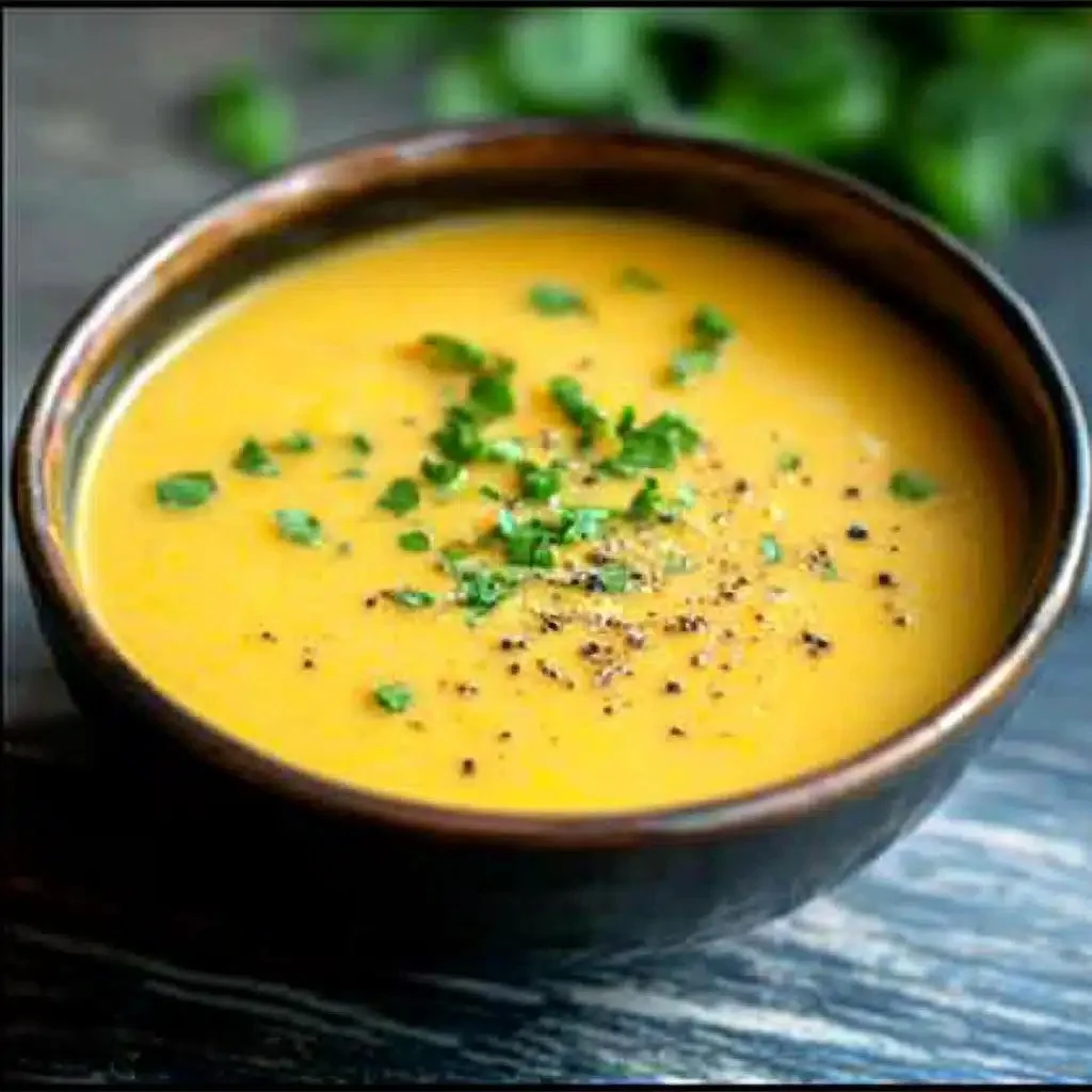 Bowl of bright and creamy carrot parsnip ginger lime soup garnished with herbs