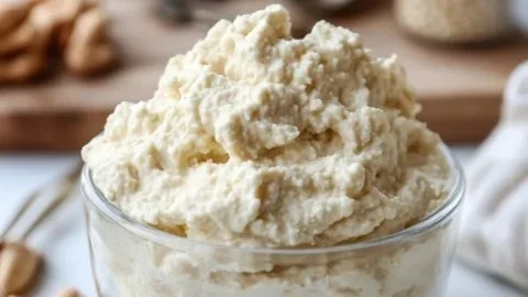 A bowl of creamy cashew ricotta cheese topped with herbs and spices.