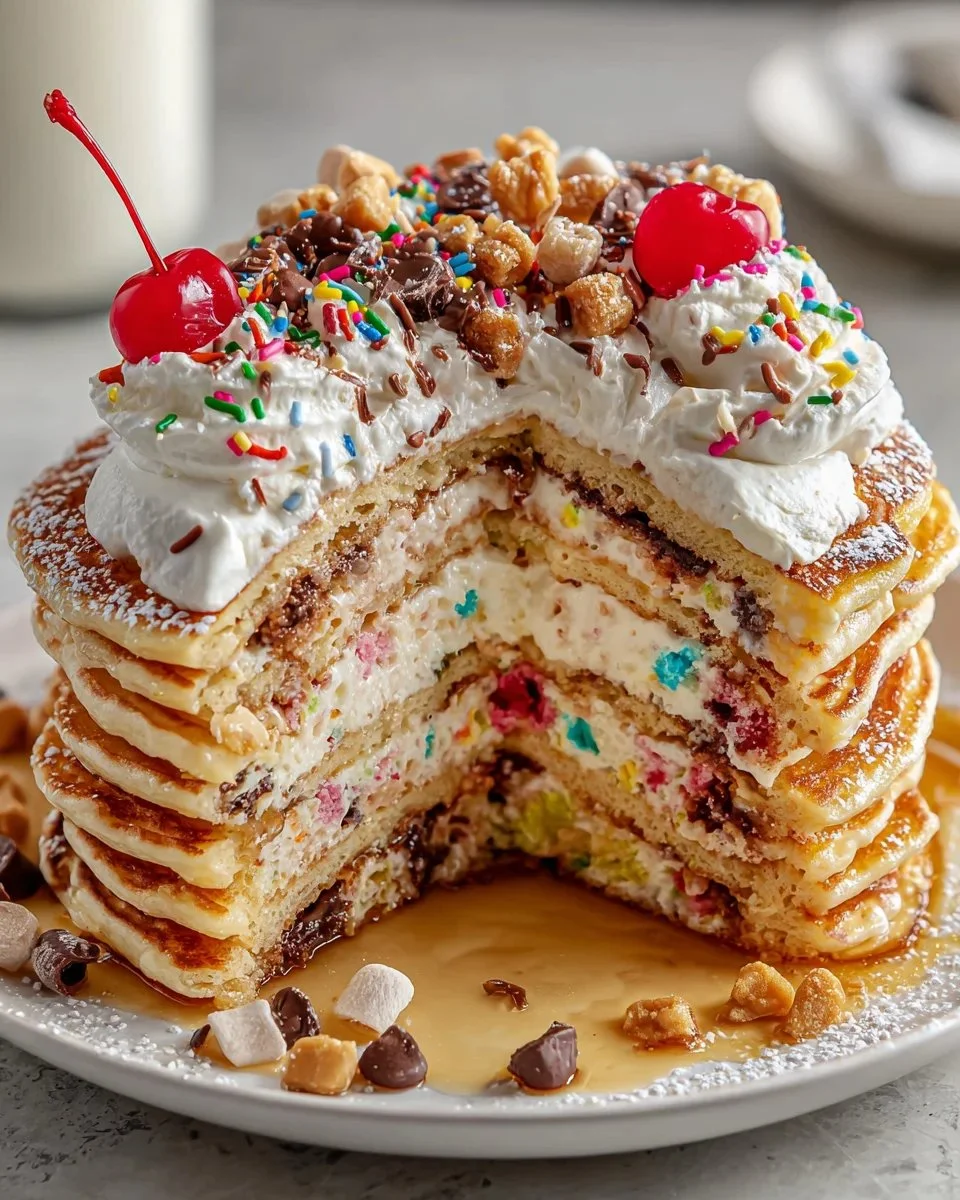 Delicious Chaos Cake Pancake Stack served on a plate with syrup and berries.