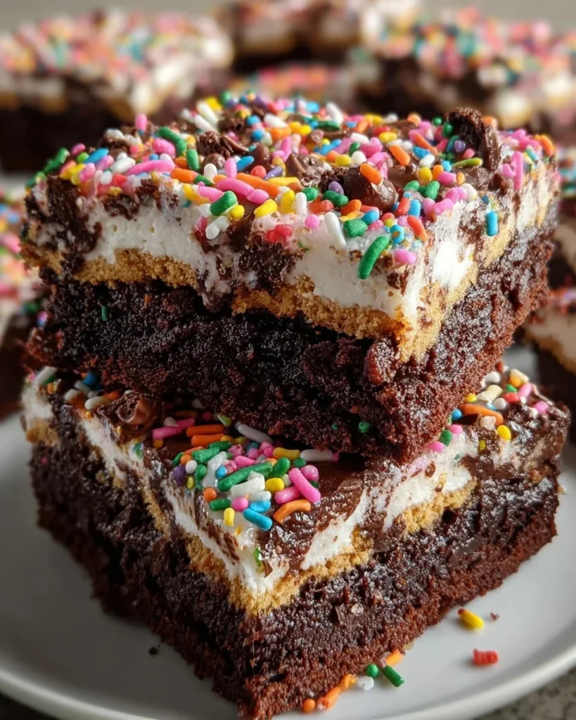 Delicious sheet pan Chaos Cake Brownies ready to be enjoyed.
