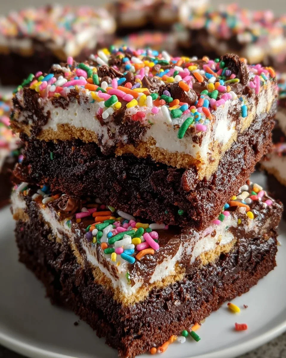 Delicious sheet pan Chaos Cake Brownies ready to be enjoyed.