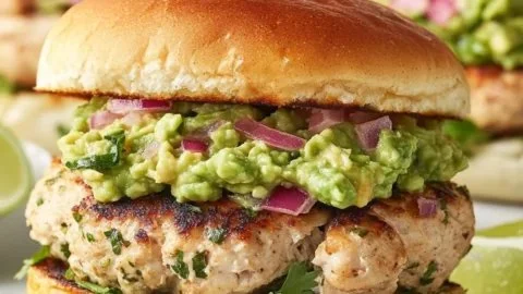 Cheddar jalapeno chicken burgers topped with guacamole on a plate
