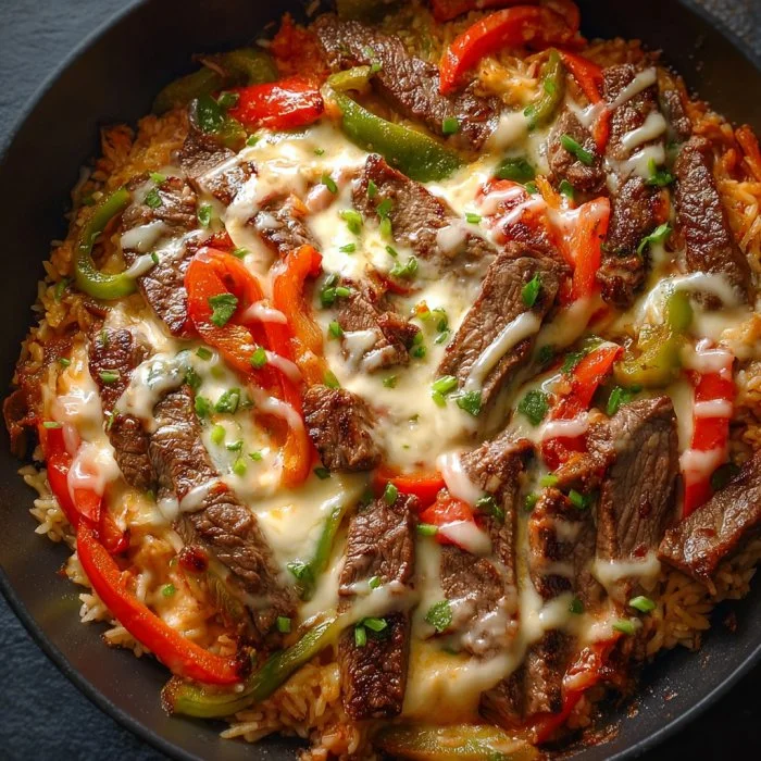 A delicious Cheese Steak Fajita Skillet with colorful vegetables and juicy steak.