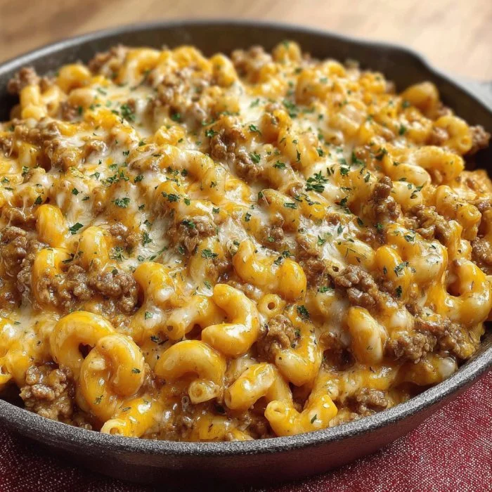 Cheese Steak Hamburger Helper dish with melted cheese and beef in a bowl.