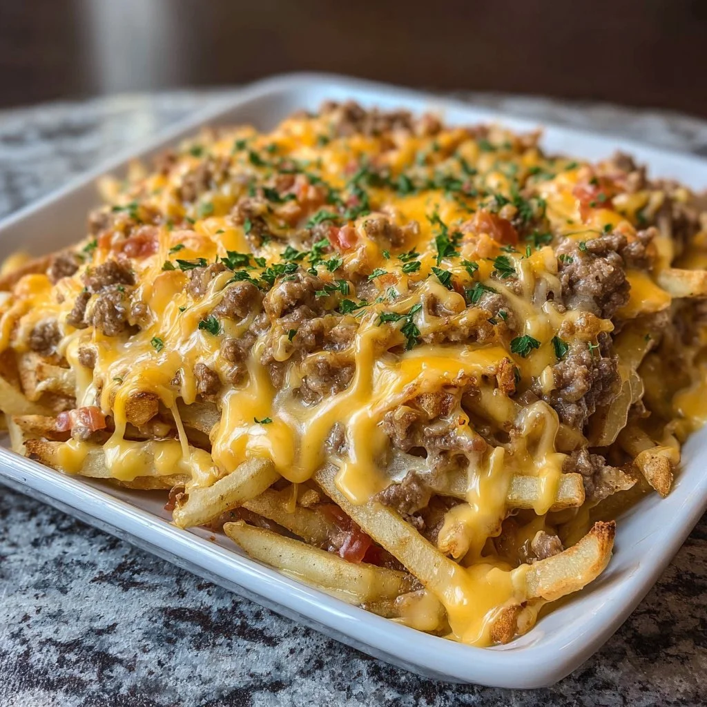 Delicious cheeseburger casserole topped with crispy French fries