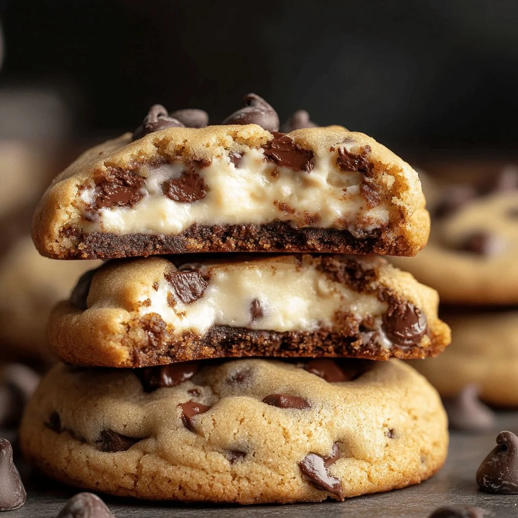 Cheesecake stuffed chocolate chip cookies on a plate, showcasing their creamy filling.