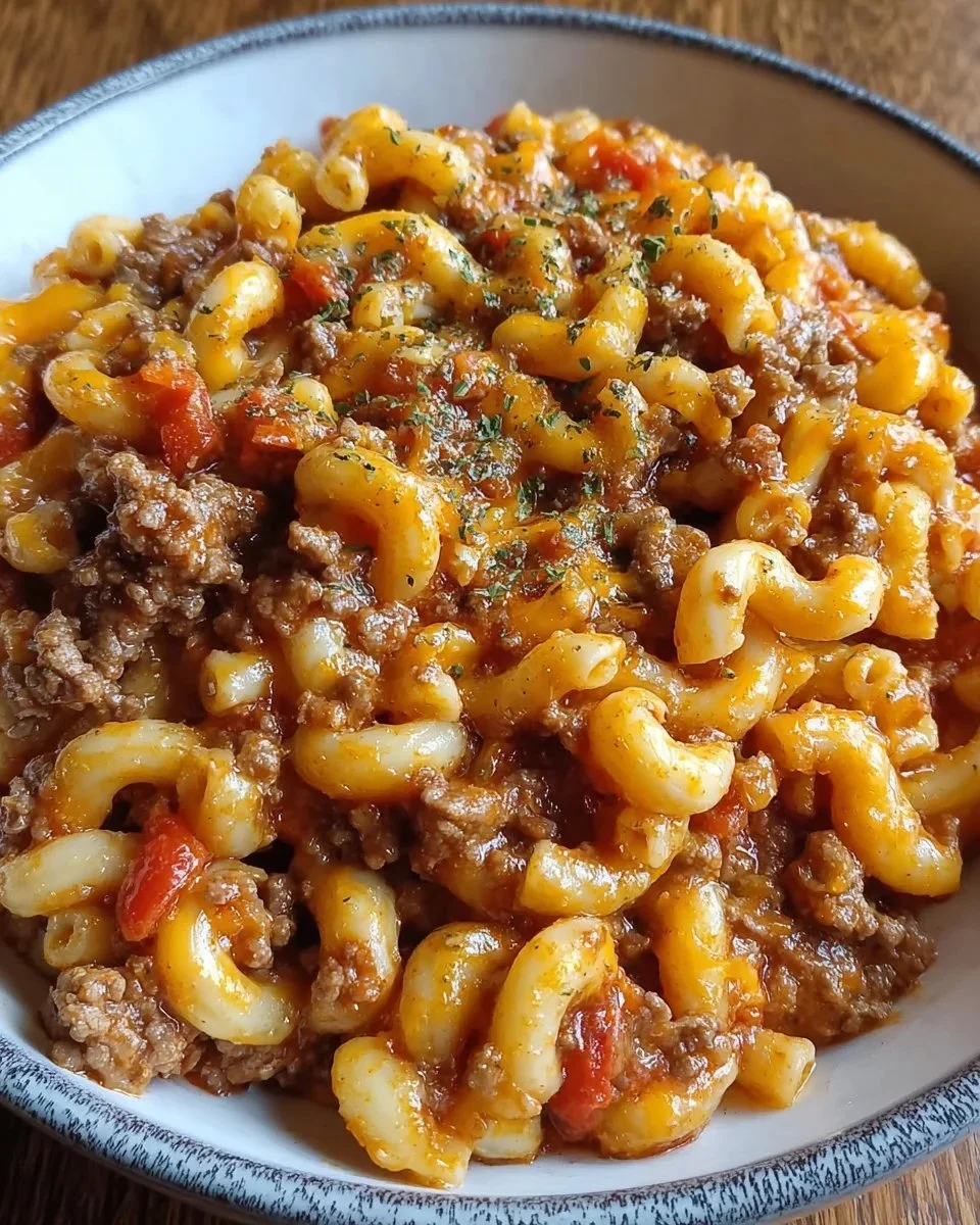 Cheesy Beef One-Pot meal ready to serve, garnished and flavorful.