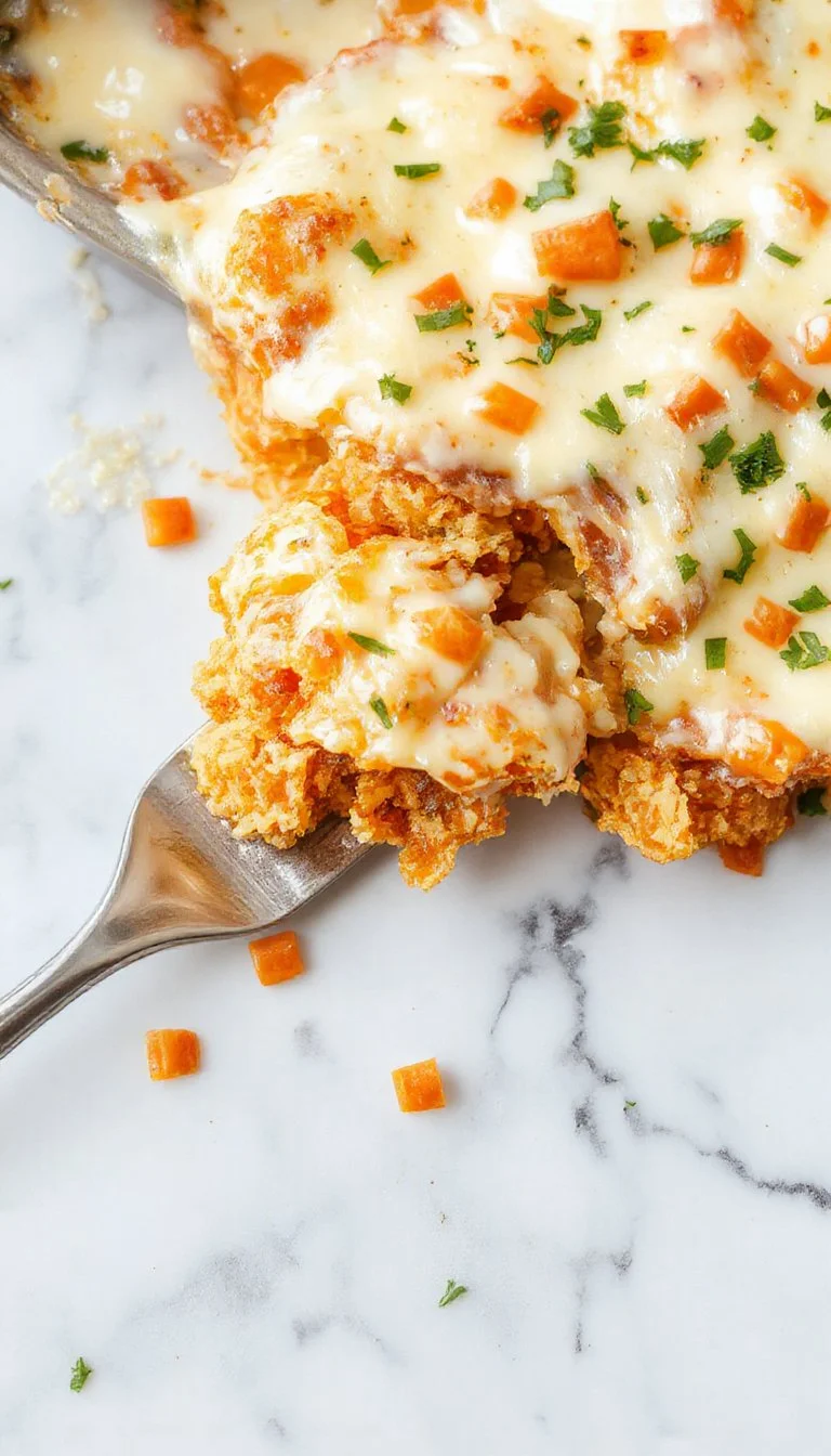 Cheesy Dorito Casserole dish served hot, topped with Doritos and melted cheese
