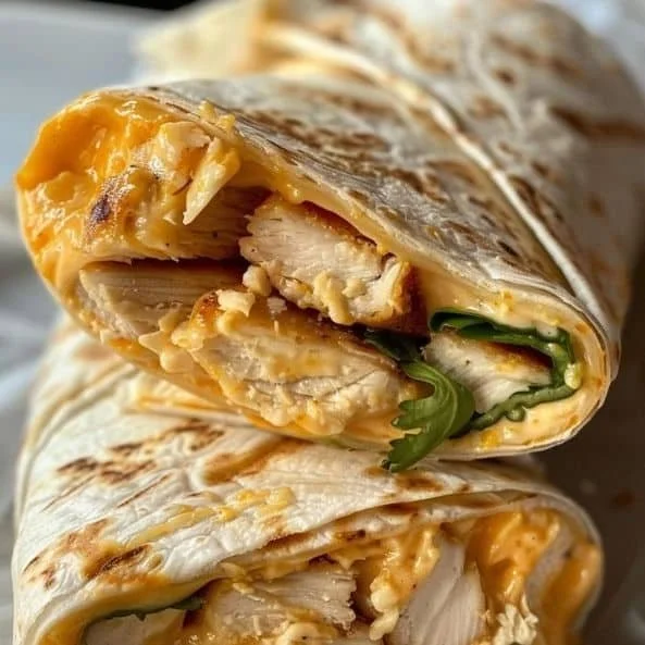 Cheesy garlic chicken wraps filled with shredded chicken, cheese, and herbs