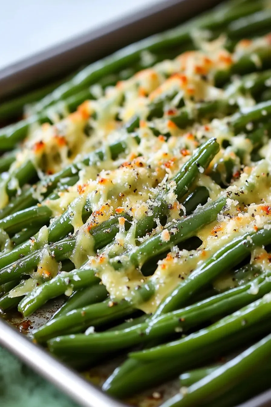 Delicious cheesy garlic green beans served in a vibrant dish