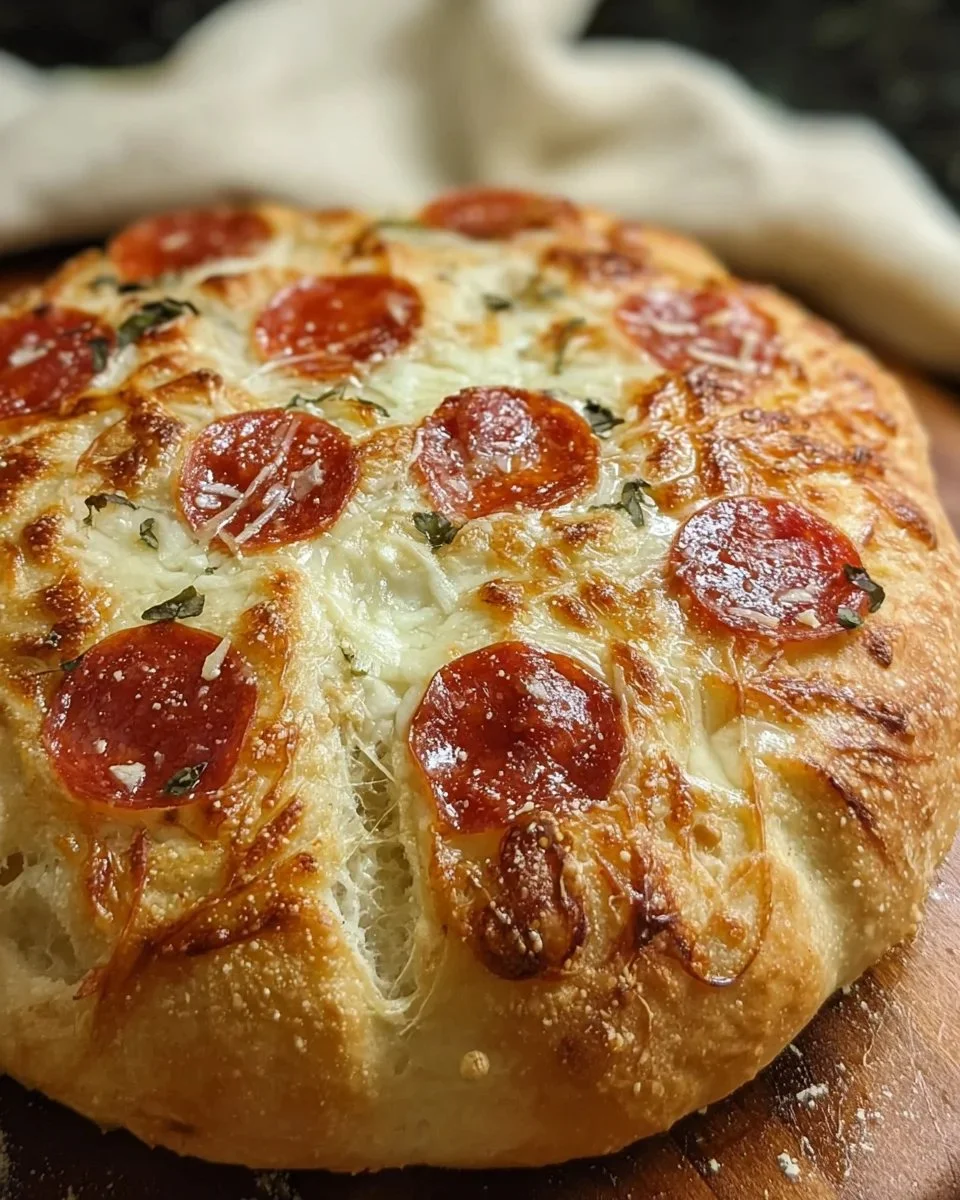 Cheesy pepperoni sourdough pizza bread fresh out of the oven