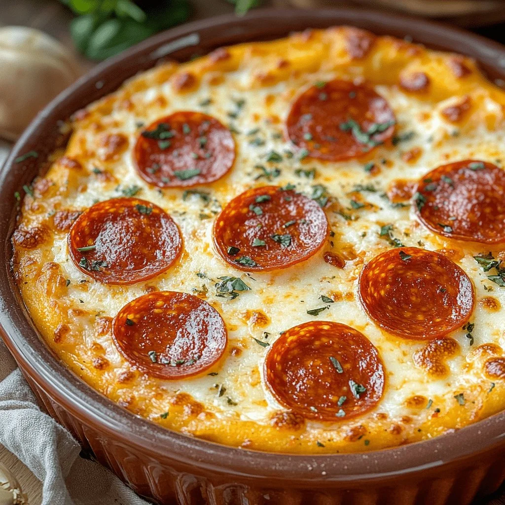 Cheesy pizza dip with pepperoni served in a warm bowl, perfect for dipping.
