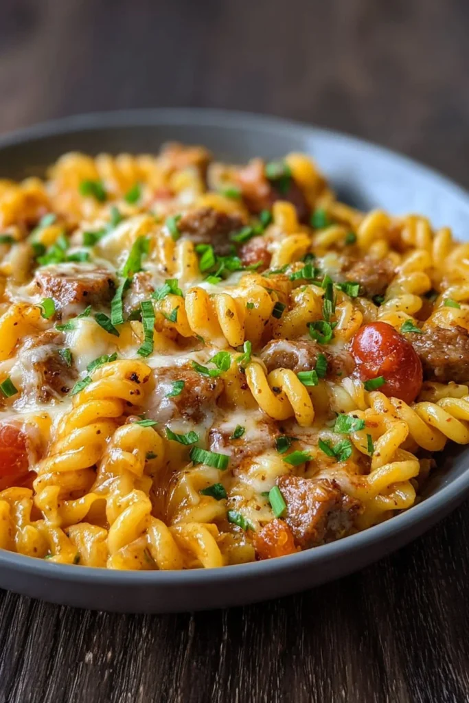 Cheesy Sausage Pasta Skillet with melted cheese and sausage in a skillet.