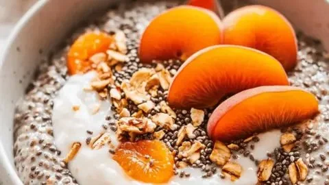 Chia seed porridge with apricots in a bowl, perfect for a nutritious breakfast.