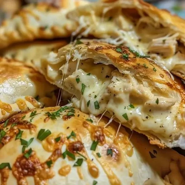 Air fryer Chicken Alfredo Calzones filled with creamy chicken and cheese