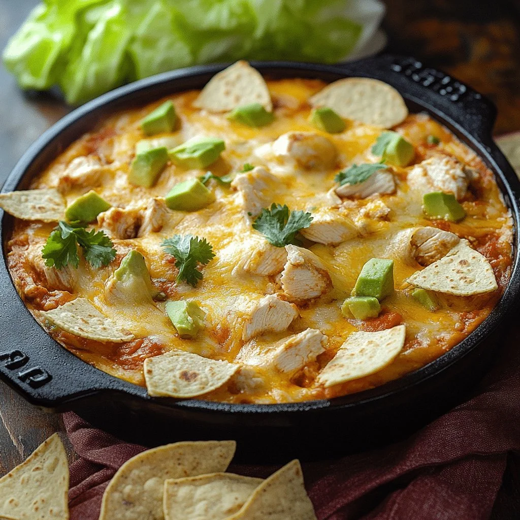 Delicious chicken enchilada dip served with crispy homemade tortilla chips.