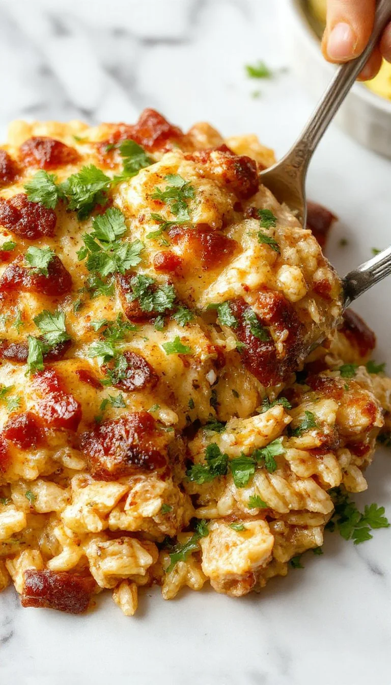 Delicious Chicken Enchilada Rice Casserole topped with cheese and fresh herbs.